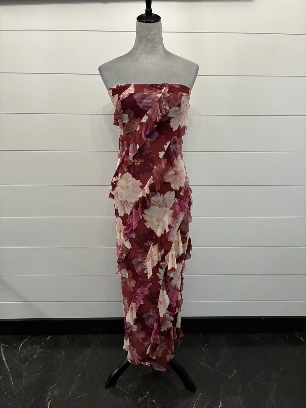Paris Hilton Strapless Floral Maxi Dress Burgundy Pink White Ruffle SzM NWT/0390